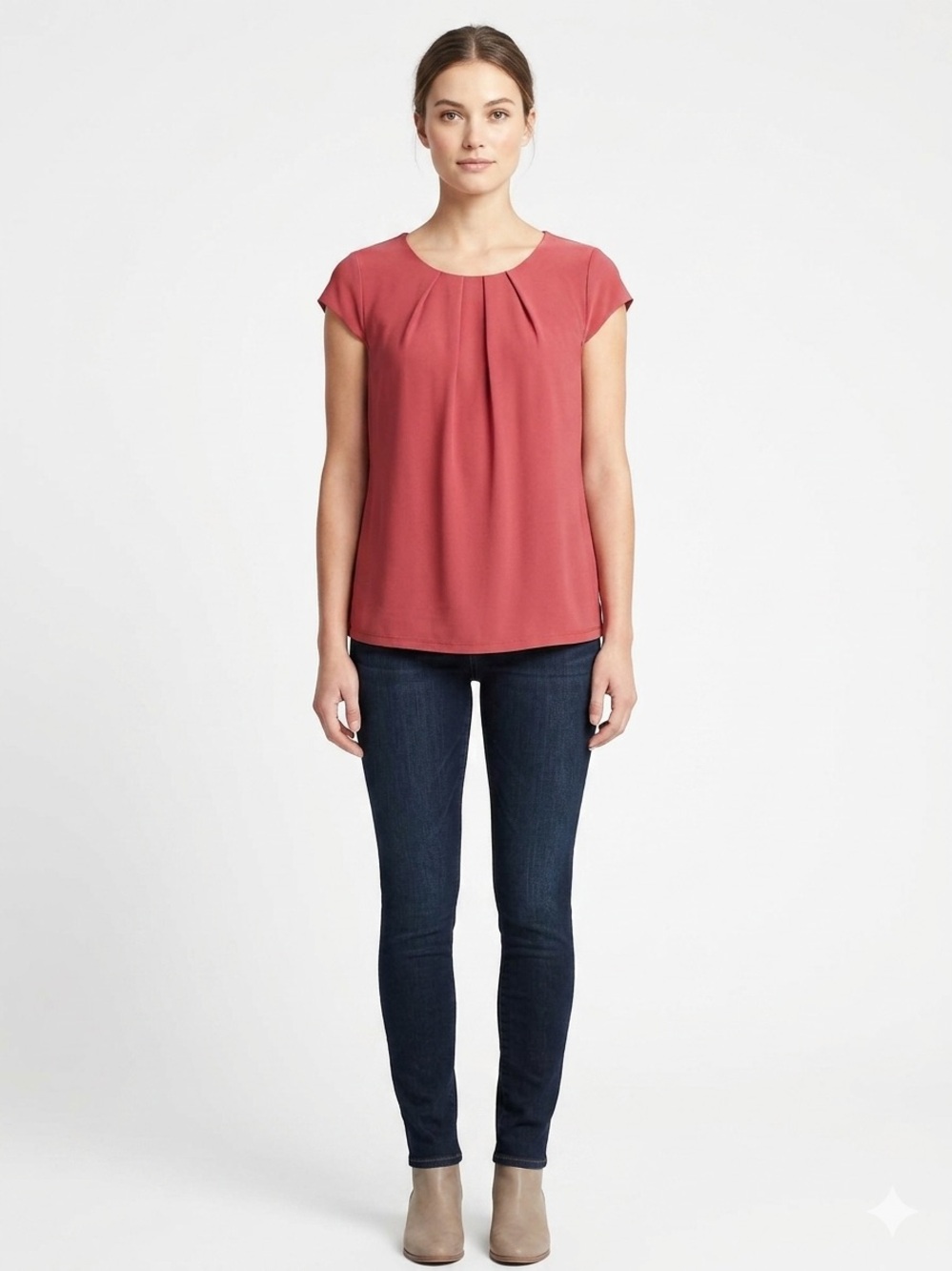 Ellen Weaver Women’s Red Pleated Cap-Sleeve Blouse Stretchy Comfy